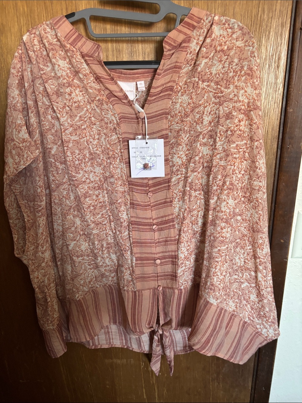 Zac & Rachel Dusty Rose Mixed-Print Tie-Hem Blouse